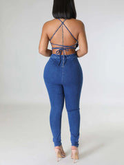 Halter Lace-Up Denim Jumpsuit