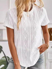 Round Neck Buttoned Cutout Jacquard Short-Sleeved T-Shirt