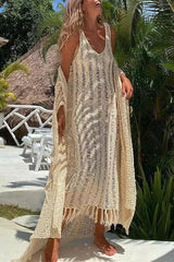 Sexy Solid Tassel Hollowed Out V Neck Sling Dress Dresses