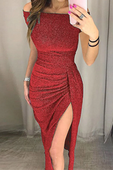 Fashion Elegant Solid Slit Sequined Off The Shoulder Wrapped Skirt Dresses(3 Colors)