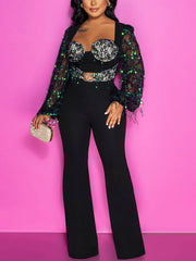 Lace Iridescent Sequins Fringe Jumpsuit