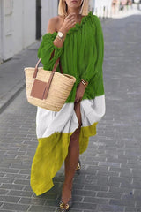 Casual Color Block Contrast Off The Shoulder Irregular Dress Dresses
