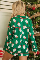Green Christmas Santa Claus Print Satin Shirt And Shorts Pajama Set
