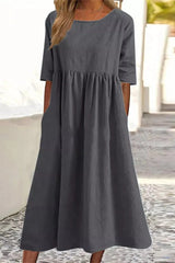 Women'S Casual Solid Half Sleeve Pleated Pocket Cotton Dress(9 Colors)
