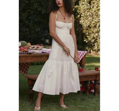 Linen-Cotton Blend Jacquard Midi Vacation Dress