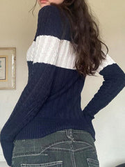 V Neck Striped Cable Knit Top