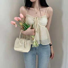 Pydshop 2024 Fashion Woman Tops Y2K Style Strap Drawstring Fold Backless Crop Top