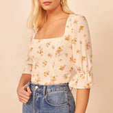 Pydshop Summer Tops Women Clothing Square Neck Flare Sleeve Shirred Vintage Blouses For Women Elegant Floral Print Chiffon Blouse Top