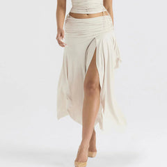 Satin Ruched Side Zipper Drop Waist Midi Skirt - Beige