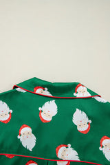 Green Christmas Santa Claus Print Satin Shirt And Shorts Set