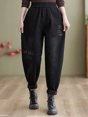 Women'S Winter Embroidery Fleece Thickened Loose Jeans Harem Pants