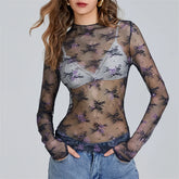 Pydshop Chic Sheer Tops For Women Long Sleeve Mock Neck Lace Mesh Top Sexy See Through Floral Tee Shirt Layering Blouse Y2K Streetwear