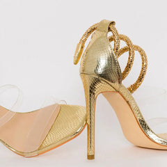 Ankle Wrap Open Toe Strap Stiletto Sandals - Gold