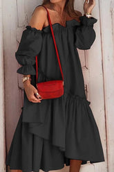 Casual Solid Flounce Off The Shoulder Cake Skirt Dresses(4 Colors)