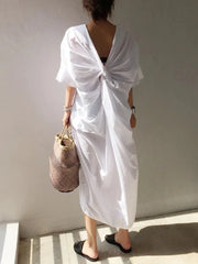 Backless V-Neck Short Sleeves Side Slit Dresses