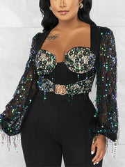 Lace Iridescent Sequins Fringe Jumpsuit