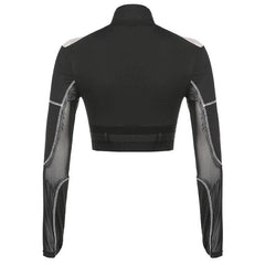 Biker High Neck Zip Front Long Sleeve Cutout Mesh Buckled Crop Top - Black