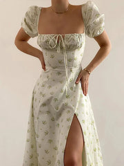 Puff Sleeve Floral Elegant Long Dress