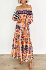 Elegant College Floral Patchwork Off The Shoulder Printed Dress Dresses