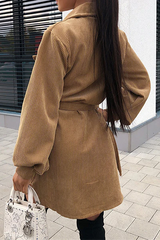 Fashion British Style Solid Pocket Buckle With Belt Turndown Collar Dresses