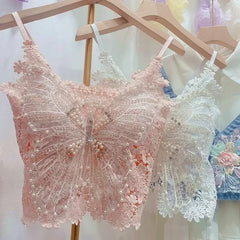 Pydshop Women Clothing Heavy Beading Floral Tank Sexy Crop Tops Ropa Mujer Lace Butterfly Top Navel Baring Sexy Cropped Top Summer Camis