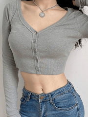 Ribbed Long Sleeve Button Crop Top