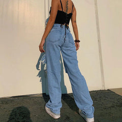90S Distressed Cutout High Waist Wide Leg Jeans - Blue