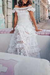 Celebrities Elegant Solid Lace Hollowed Out Without Belt Off The Shoulder A Line Dresses