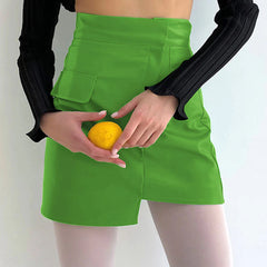 High Waist Seamed Trim Vegan Mini Skirt - Green
