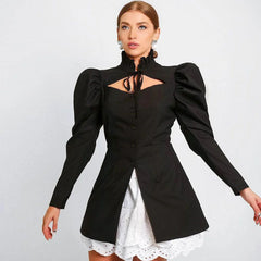 Cute Cut Out Ruffle Long Sleeve Blouse - Black