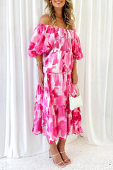 Sexy Floral Patchwork Off The Shoulder Cake Skirt Dresses