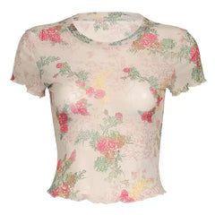 Pydshop Women Y2K Top Short Sleeve Mesh See Through Printed Aesthetic Floral T-Shirt Summer Girls Sexy Crop Top Streetwear