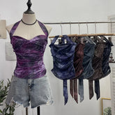 Pydshop Tie Dye Denim Print Pleated Mesh Camisole Women'S Halter Tie Bow Halter Crop Top Cute Party Sweats Holiday Mini Vest Summer Tee