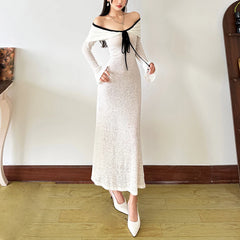 French Retro Off-The-Shoulder Long-Sleeved Dress