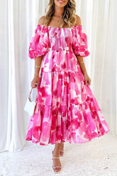 Sexy Floral Patchwork Off The Shoulder Cake Skirt Dresses