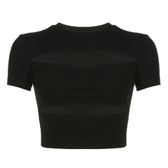 Crew Neck Split Cutout Front Short Sleeve Fitted Cropped Top - Black
