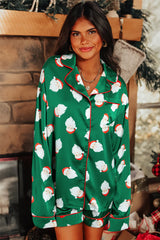 Green Christmas Santa Claus Print Satin Shirt And Shorts Set