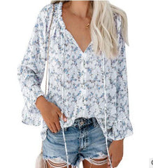 2022 Loose Women'S Chiffon Shirt V-Neck Lace Floral Women Tops Shirts With Ruffled Flared Sleeves Casual Women Blouse