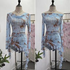 Pydshop Women Retro Ink Print Tie Dye See Through Mesh Long Sleeve Top Sexy One Shoulder Irregular Ruffled Top Y2K Partyclub Streetwear