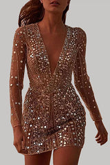 Fashion Elegant Patchwork Sequins See-Through Mesh V Neck Pencil Skirt Dresses