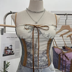 Pydshop Women Retro Ink Painting Adjustable Spaghetti Straps Camisole Bandeau Top With Padded Breasts Slim Fit Tube Top Party Streetwear