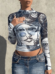 Abstract Face Mesh Long Sleeve Crop Top