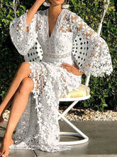 Lace Long Dress Women Elegant White Flare Sleeve Dress
