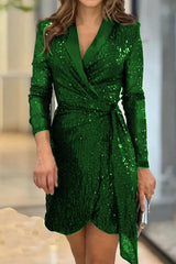 Casual Solid Sequins Frenulum Turn-Back Collar Suit Dress Dresses(4 Colors)