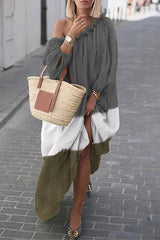 Casual Color Block Contrast Off The Shoulder Irregular Dress Dresses