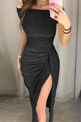 Fashion Elegant Solid Slit Sequined Off The Shoulder Wrapped Skirt Dresses(3 Colors)
