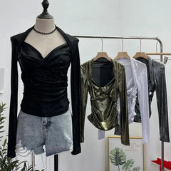 Pydshop Women'S Sexy Twist V-Neck Pleated Slim Fit Long Sleeve Bottoming Shirt Casual Partyclub Streetwear Y2K Top Essential Outfits8989