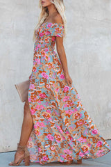 Elegant Vacation Floral Patchwork Off The Shoulder Printed Dress Dresses