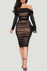Sexy Solid Patchwork Off The Shoulder Long Sleeve Dresses