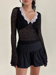 Pydshop Women Spring Fall Lace Top Mesh See Through Long Sleeve Crop Tops Sexy Sheer Deep V Neck Floral Lace Shirt Blouse Y2K Fairy